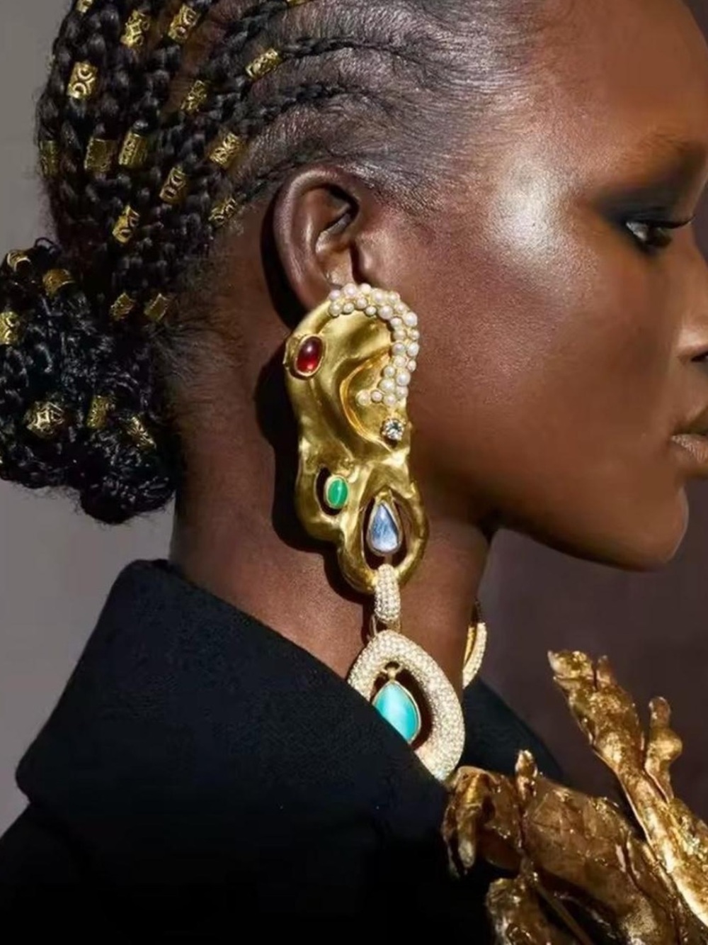 Schiaparelli inspired Statement Gold-tone Multi-Gem Drop Earring, Matt finished.